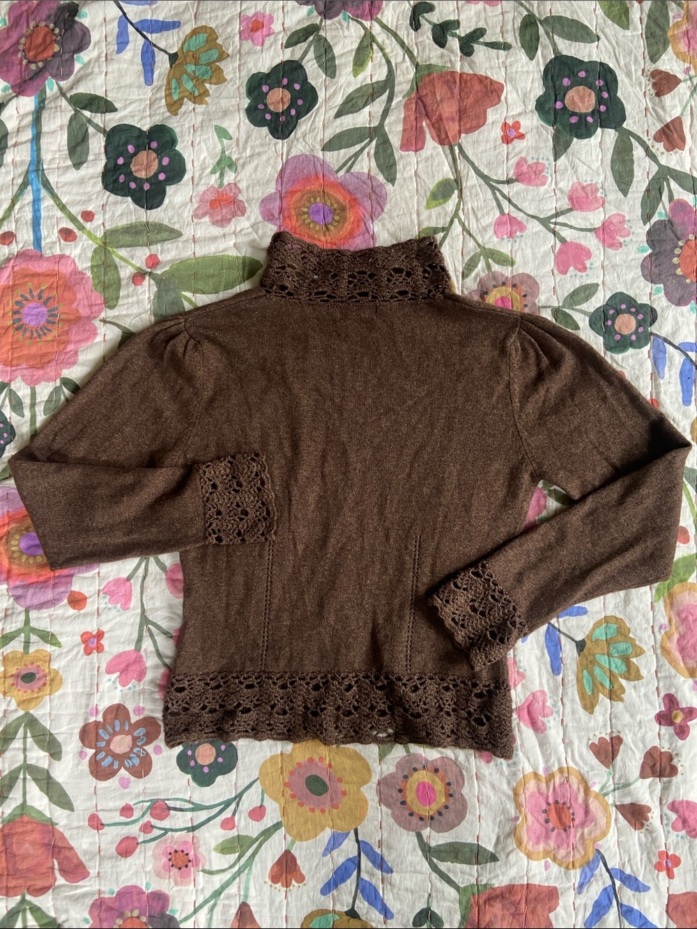 Vintage Y2k Chocolate Brown Lace-Trim Cashmere Sweater M - Picture 8 of 11